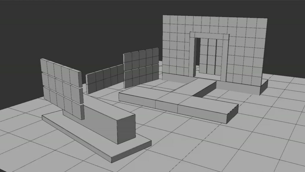 The El Pitch set blocked out in 3D: angled LED wall panels on the left, a central screen wall with a doorway gap, and a raised platform