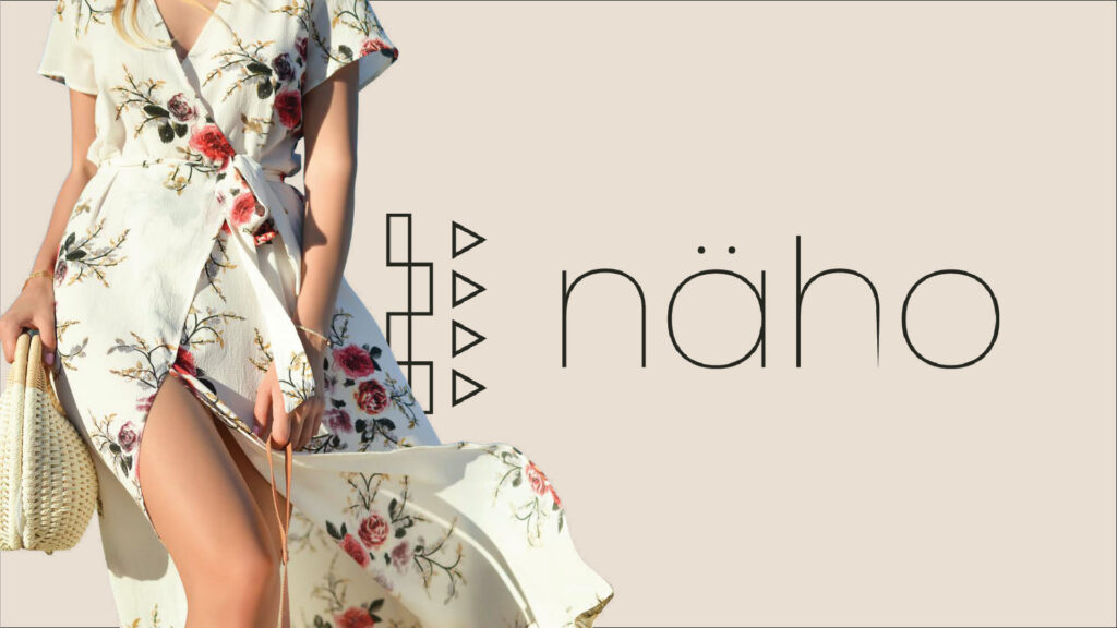 The naho wordmark and stitch symbol beside a model in a floral wrap dress