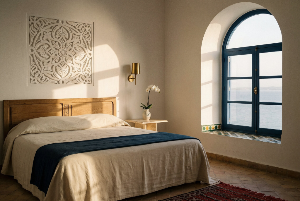 Azure Suite interior, linen-dressed bed facing an arched window onto the Gulf of Tunis, carved gebs plaster detail above the headboard.
