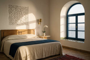 Azure Suite interior, linen-dressed bed facing an arched window onto the Gulf of Tunis, carved gebs plaster detail above the headboard.