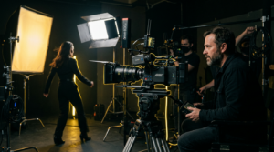 Cinematic behind-the-scenes video shoot with a director monitoring a camera rig, surrounded by lighting equipment in a dark environment with yellow accent highlights.