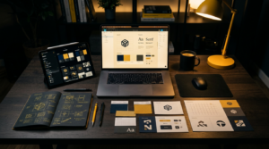 Top-down view of a modern designer desk with digital devices and visual identity elements in progress, lit by a dark ambiance with yellow accent lighting.
