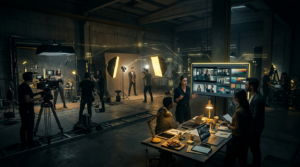 Large-scale creative studio scene combining video production, photography, and art direction in a unified dark environment with cohesive yellow accent lighting.