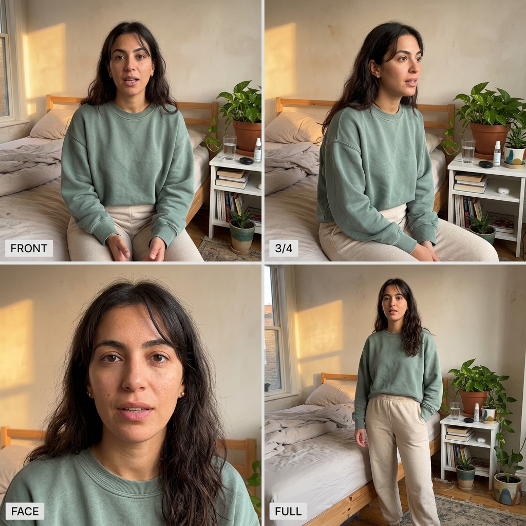 AI avatar persona: a Tunisian-British woman, late 20s, beauty-literate, at a Hollywood vanity mirror setup with morning light and warm tungsten practicals behind her, skincare products on the table surface. Dressed in a sage crewneck sweatshirt and oatmeal joggers. Not a studio, not a seamless backdrop.