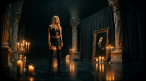 Circe music video screenshot, she is standing in the dark candles hall