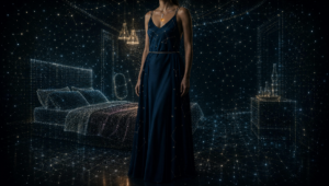 A cinematic, anamorphic medium wide still captures a physically solid, headless view of a woman from the collarbone down, standing in a deep navy dress with a glowing citrine necklace as the sole warm anchor inside a bedroom completely dematerialized into a cool, three-dimensional teal and gold point-cloud constellation field.