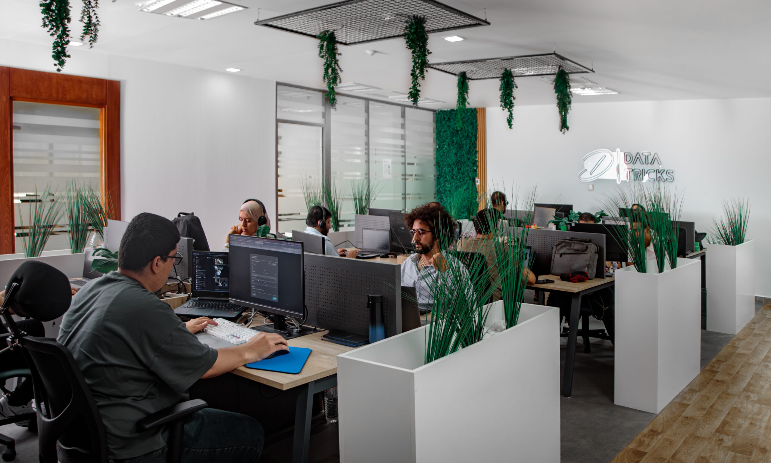 Wide view of the Data Tricks office with its illuminated logo on the back wall and the team at their desks